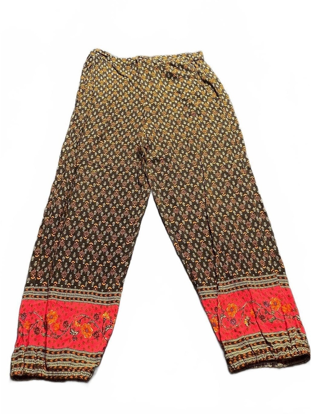 Anthropologie Printed Viscose Pants with Red Floral Border